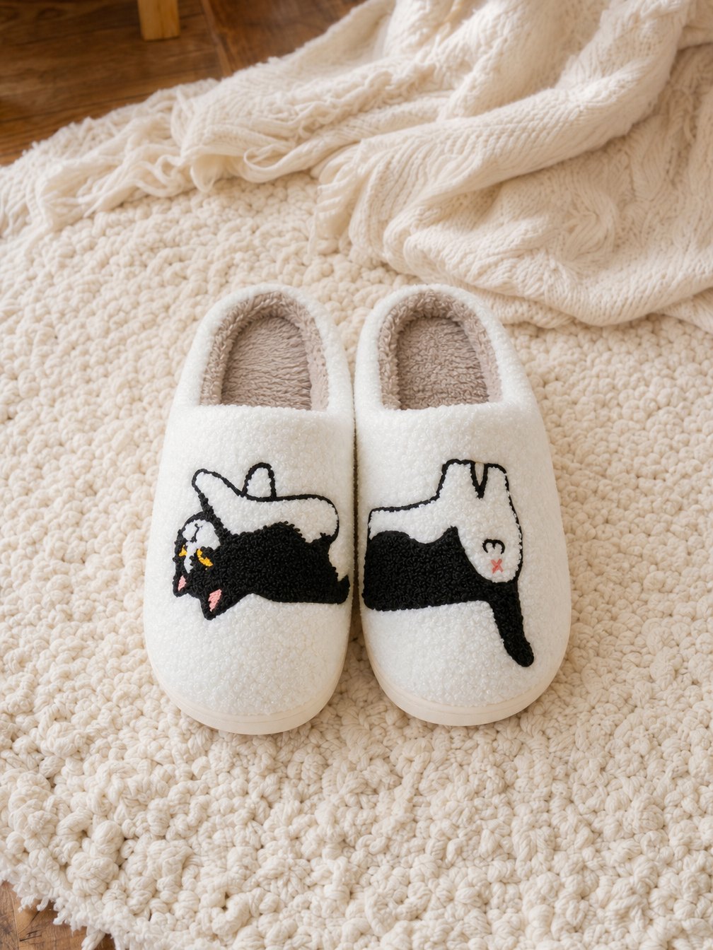 Black and white cat slippers