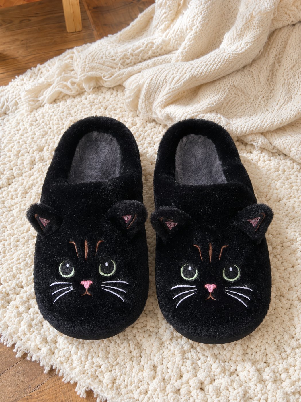 Black cat face slippers