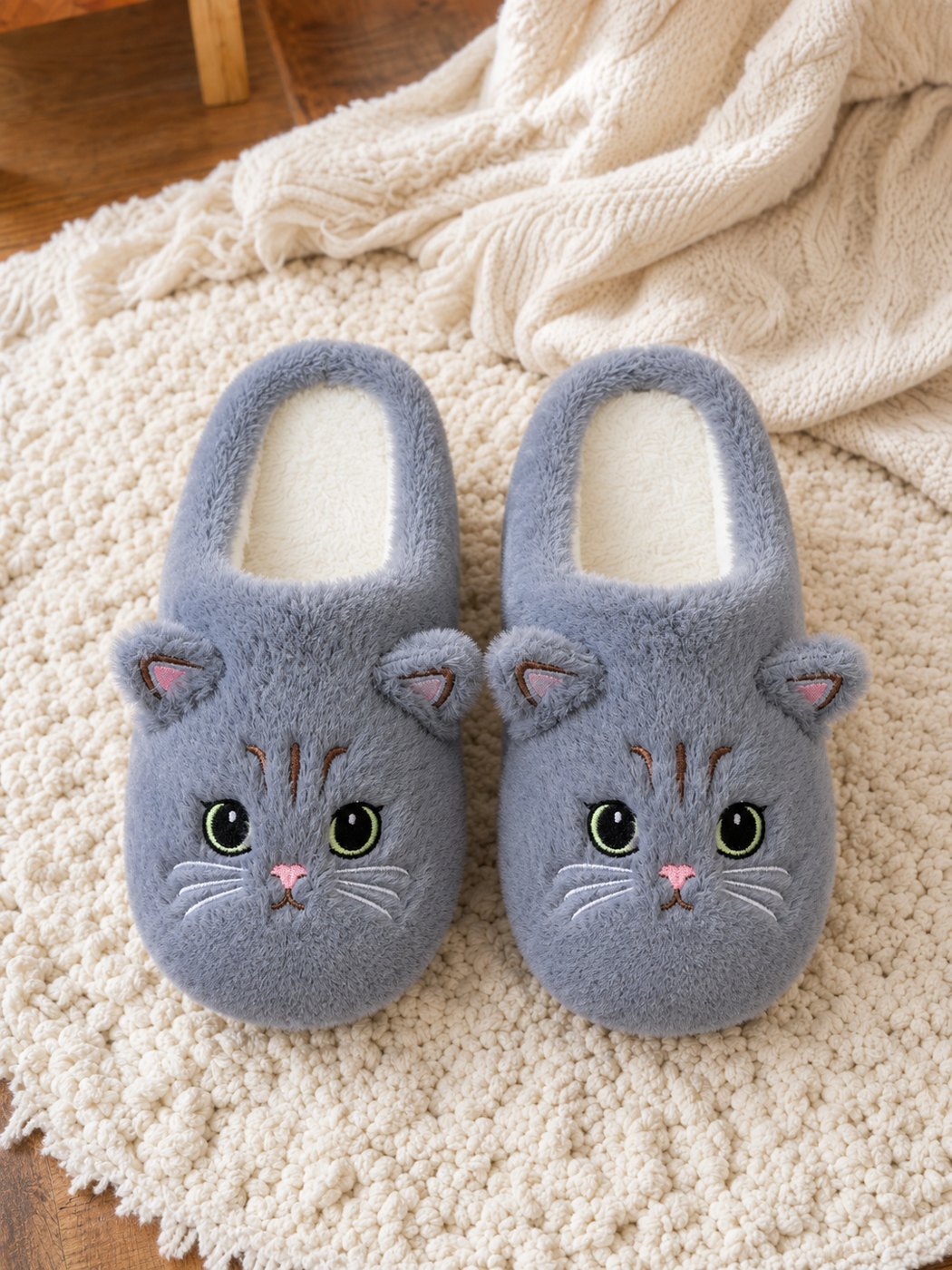 Gray cat face slippers