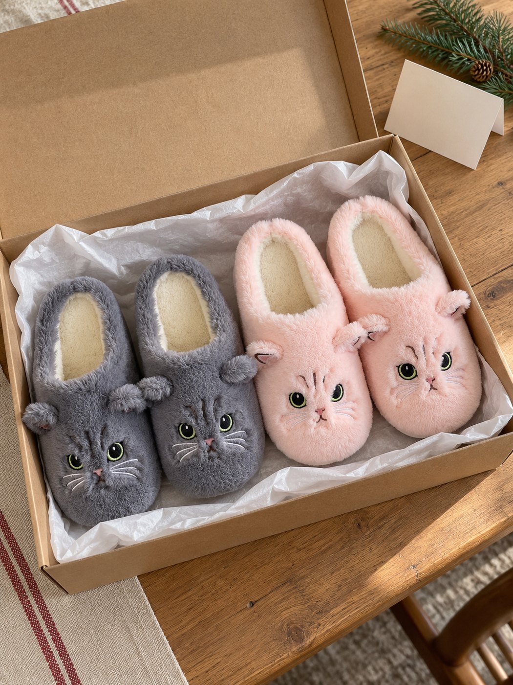 Two pairs of cat slippers in a gift box