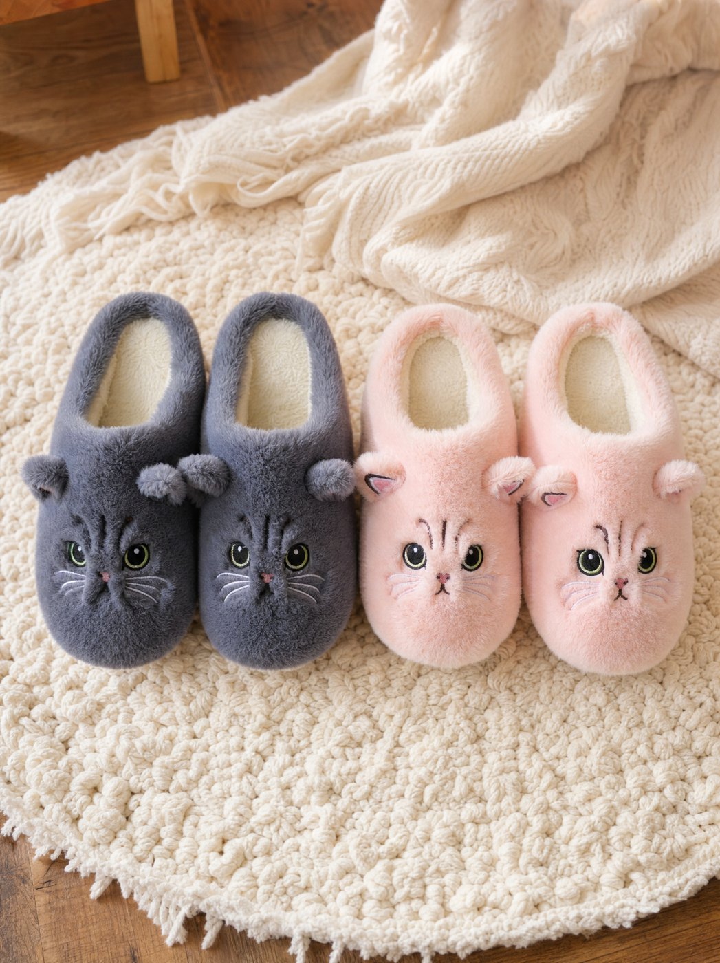 Cat face slippers in grey and pink