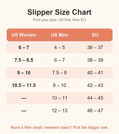 Slipper size chart, US and EU